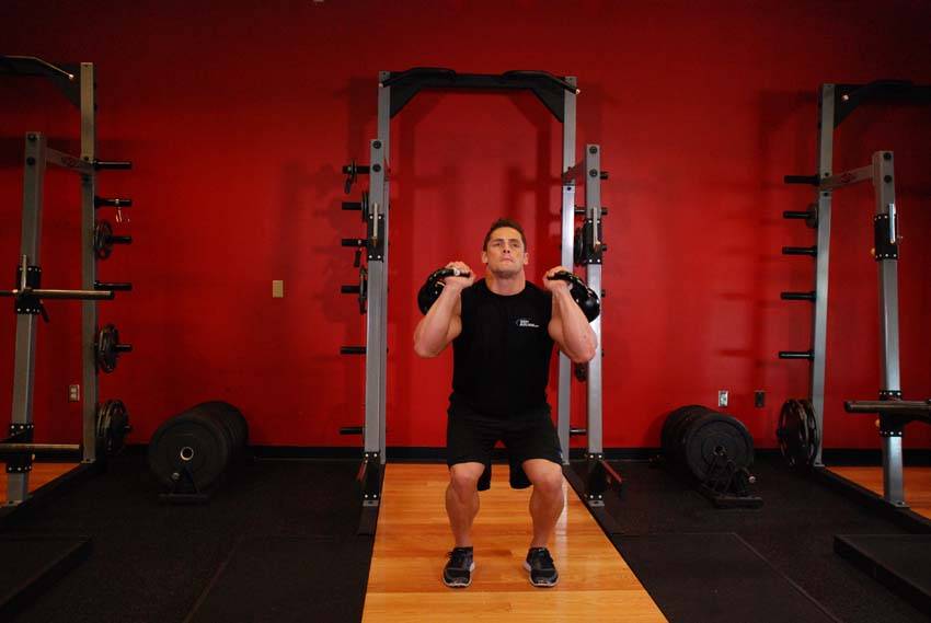 Double Kettlebell Push Press — end position