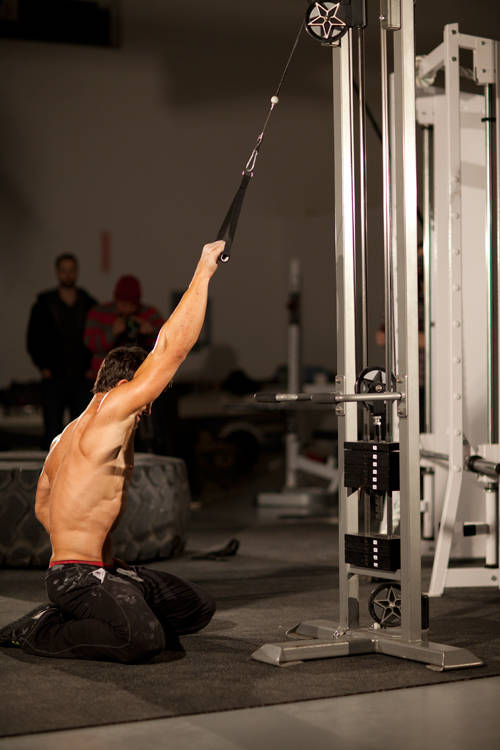 Kneeling Single-Arm High Pulley Row — starting position