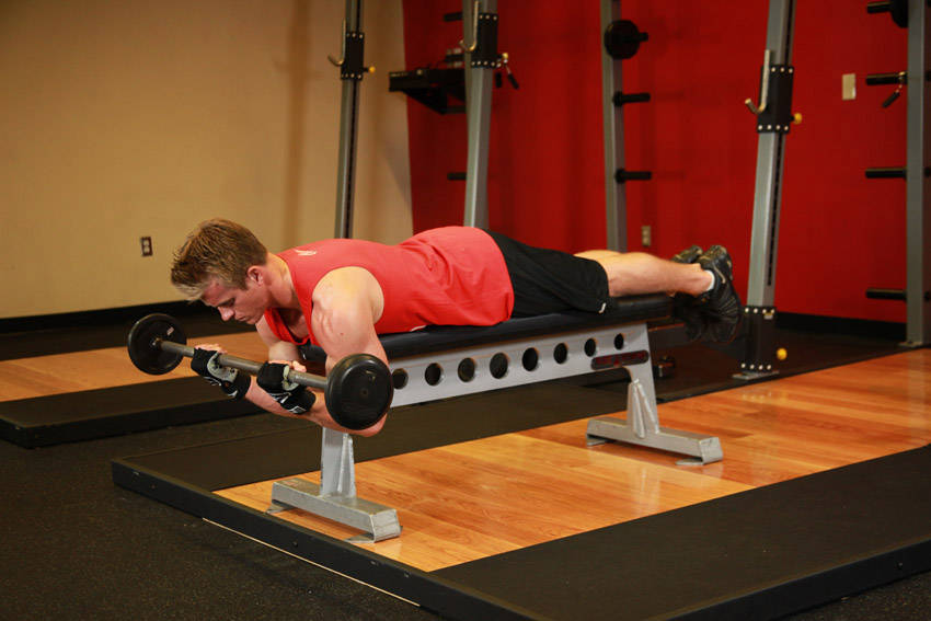 Lying High Bench Barbell Curl — end position